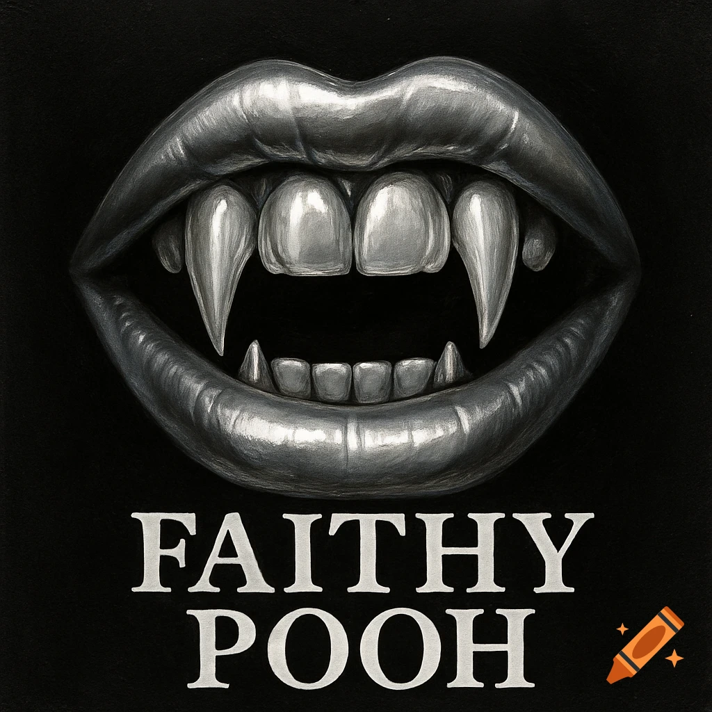 Close-up of glossy silver vampire teeth and lips with the words FAITHY POOH below on black background.