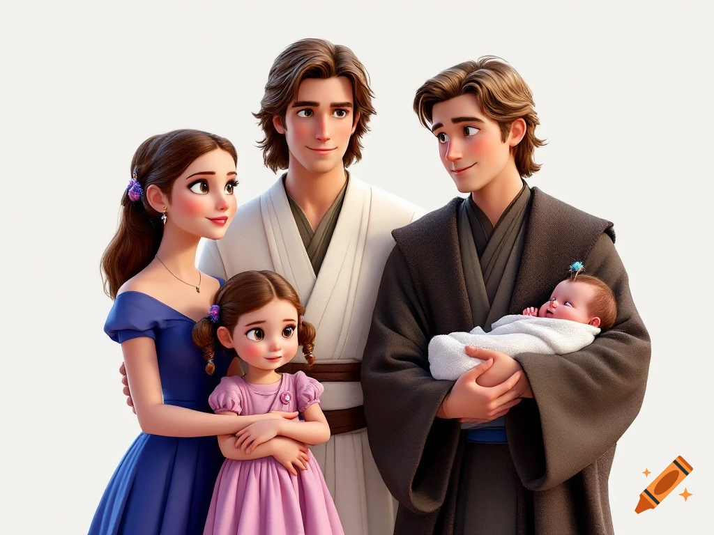 Animated portrait of a family resembling Star Wars characters Padme, Anakin, Luke, Leia, and Ben.