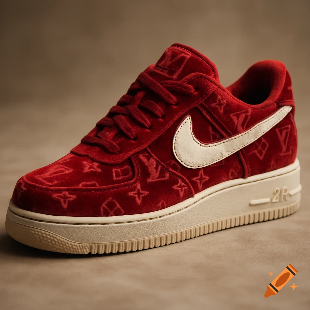 Close-up of a red velvet sneaker featuring a debossed pattern resembling Louis Vuitton logos and a white swoosh.