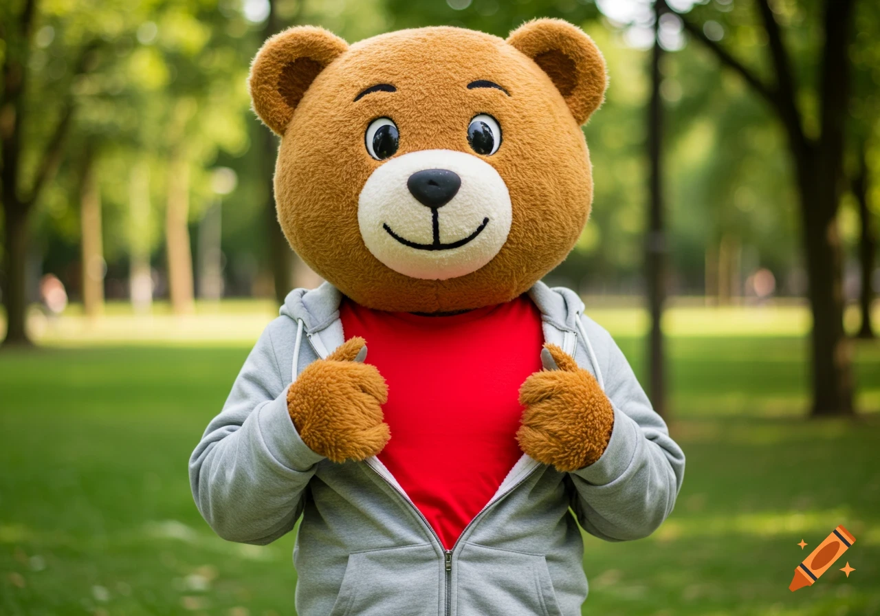 A bear mascot costume wears a grey hoodie and red t-shirt in a park setting