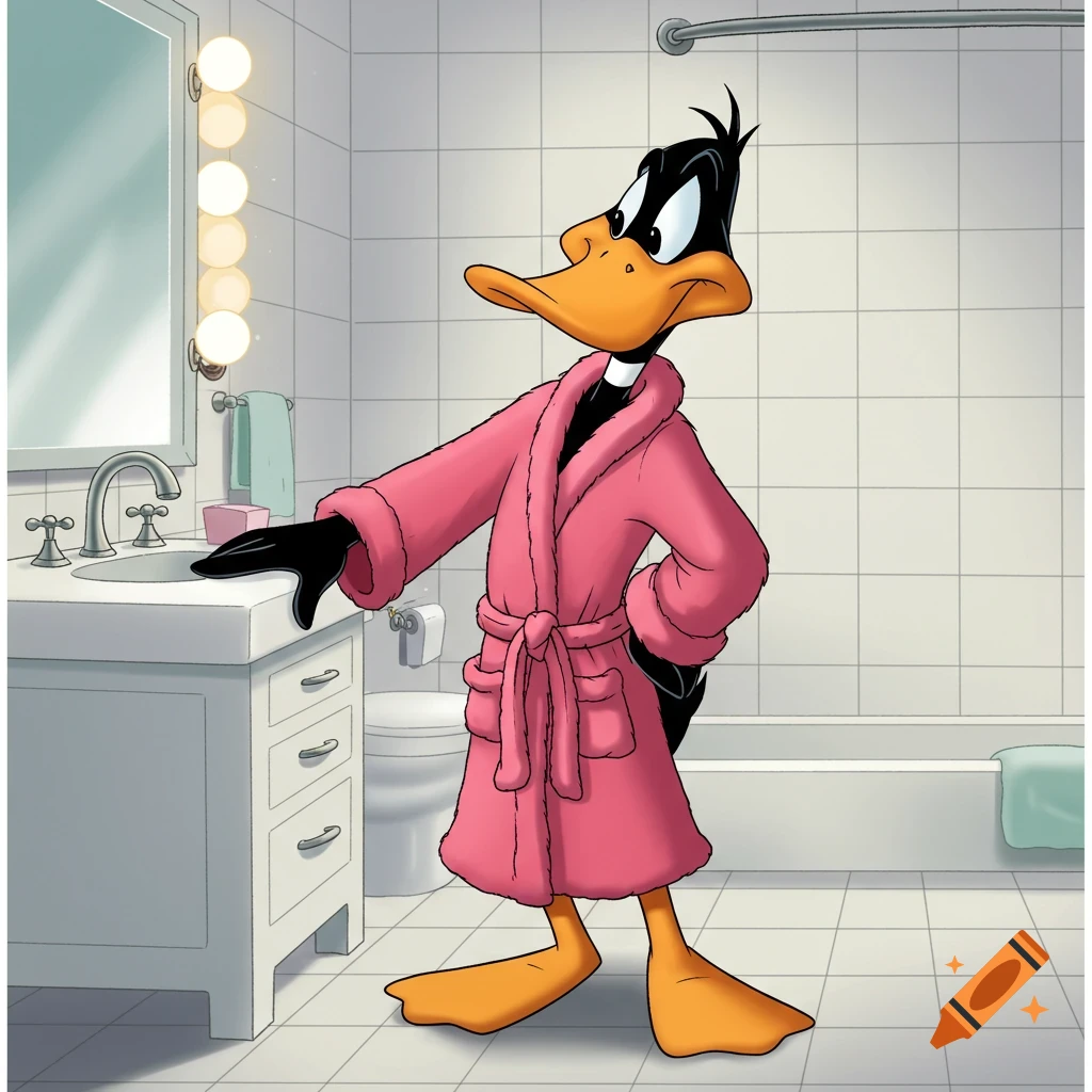 Daffy Duck wears a pink bathrobe in a bathroom.