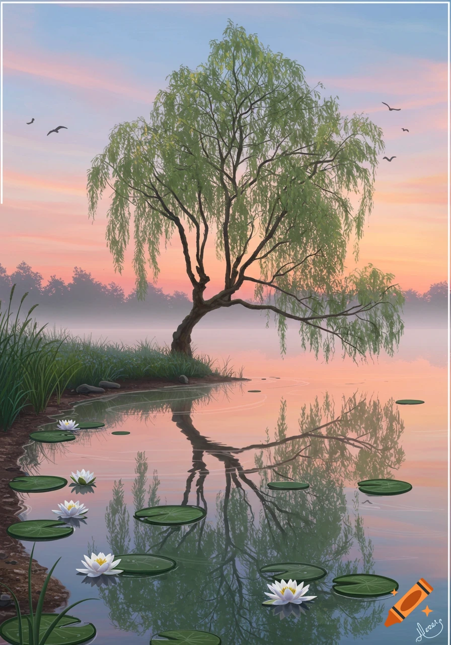 A weeping willow tree stands by a misty lake at sunset with water ...