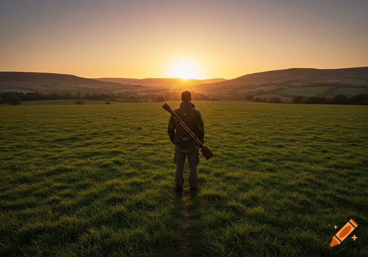 Person with back to camera holding a rifle in a field at sunset
