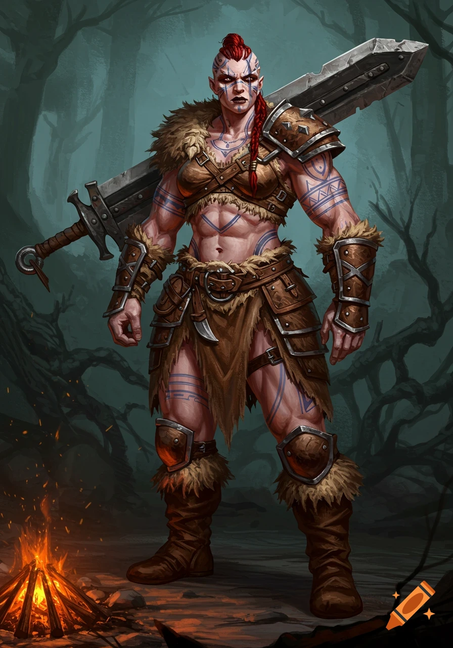 Muscular female barbarian with red hair, tattoos, hide armor, and a greatsword standing by a campfire in a forest.