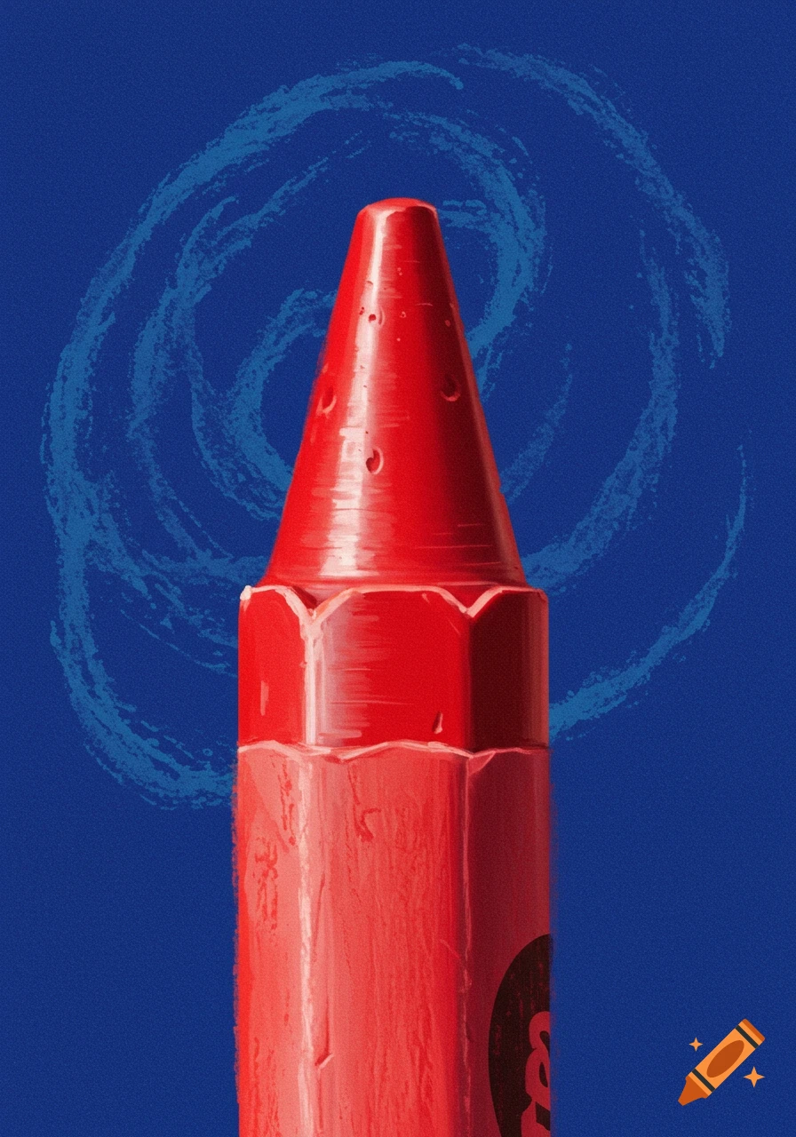 Close-up of a red crayon against a blue background with a blue swirl.