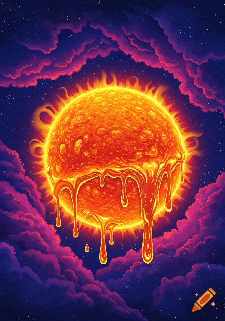 Stylized melting sun in space surrounded by purple clouds.