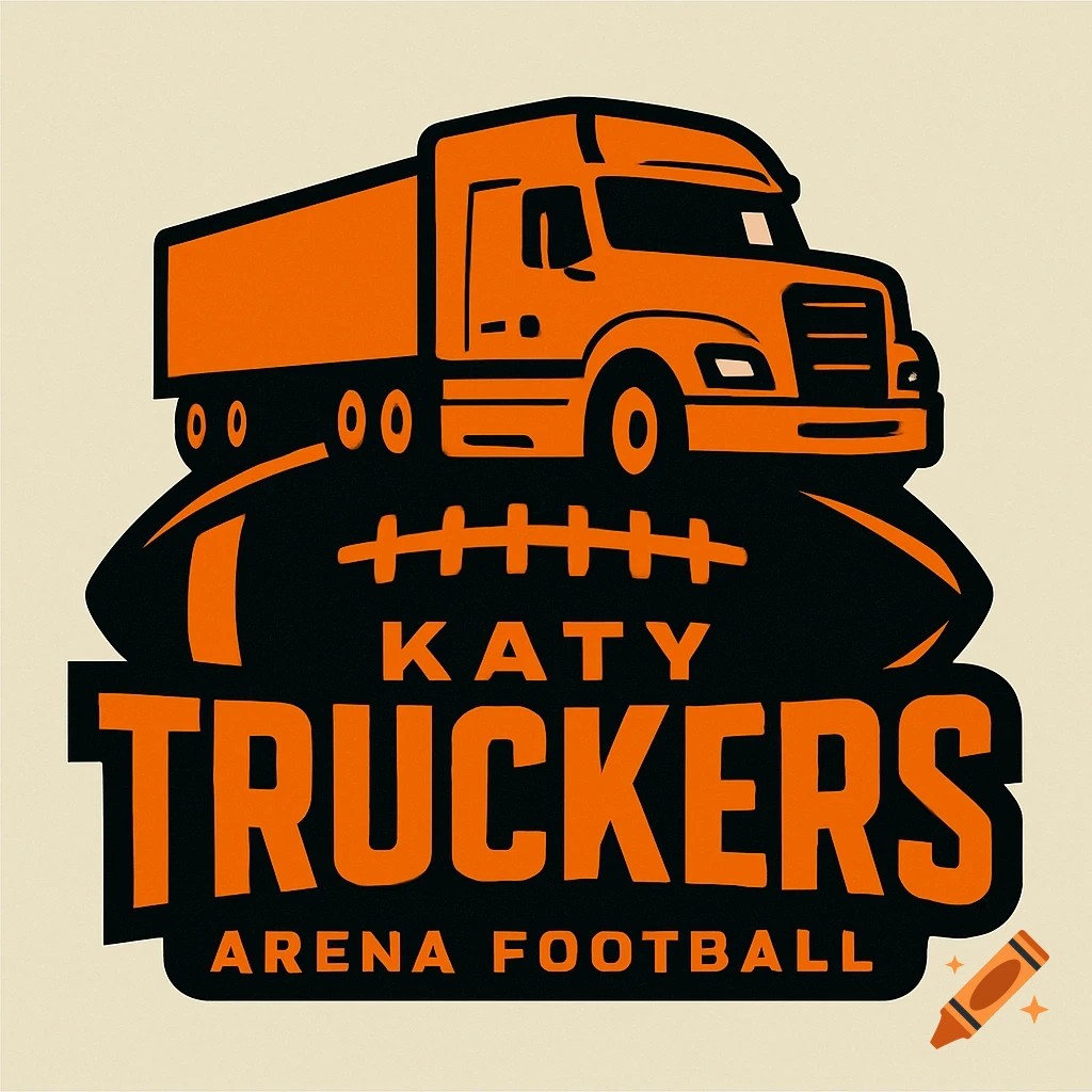 Logo of an orange semi-truck on a black football with text 'Katy Truckers Arena Football'.