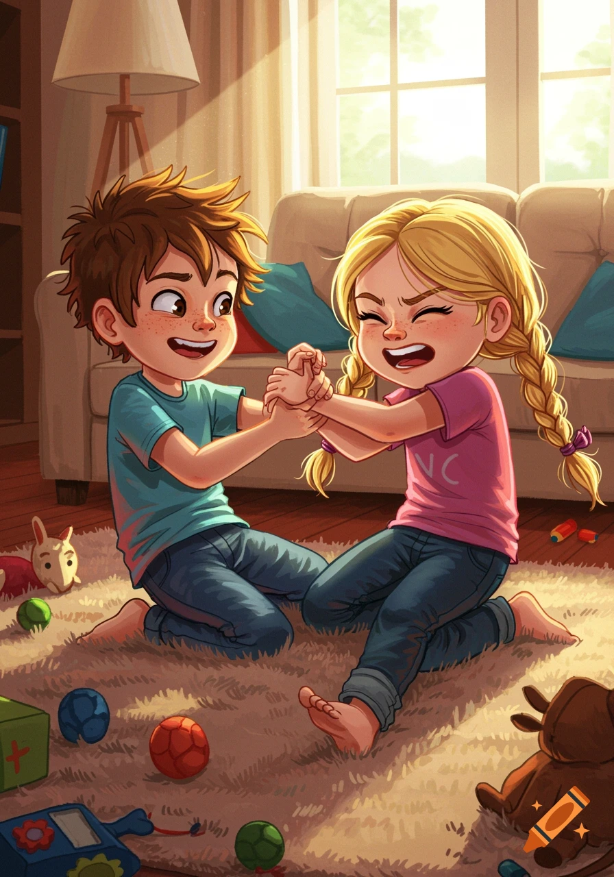 Two children playing on a rug surrounded by toys. Illustration.
