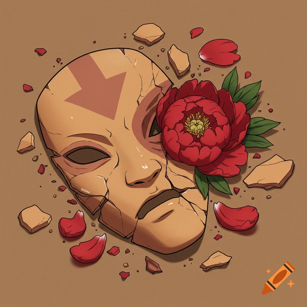 Anime style illustration of a broken mask with an arrow symbol and a red peony flower.