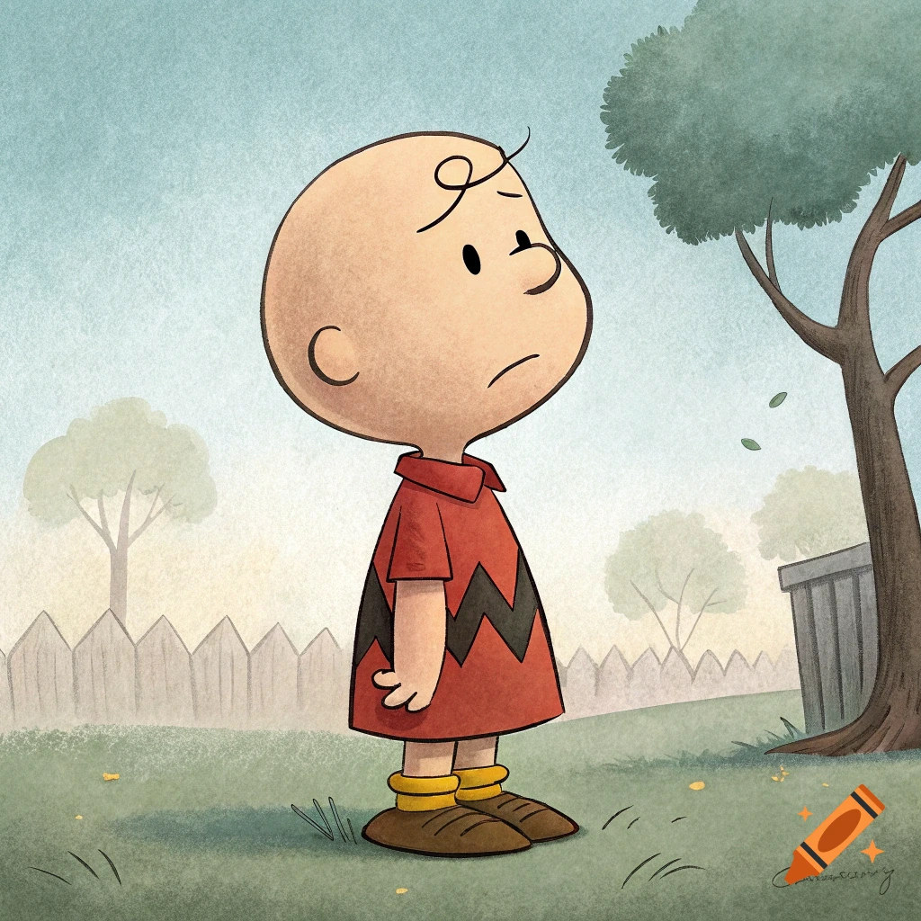 Charlie Brown stands sadly in a yard with a fence and tree.