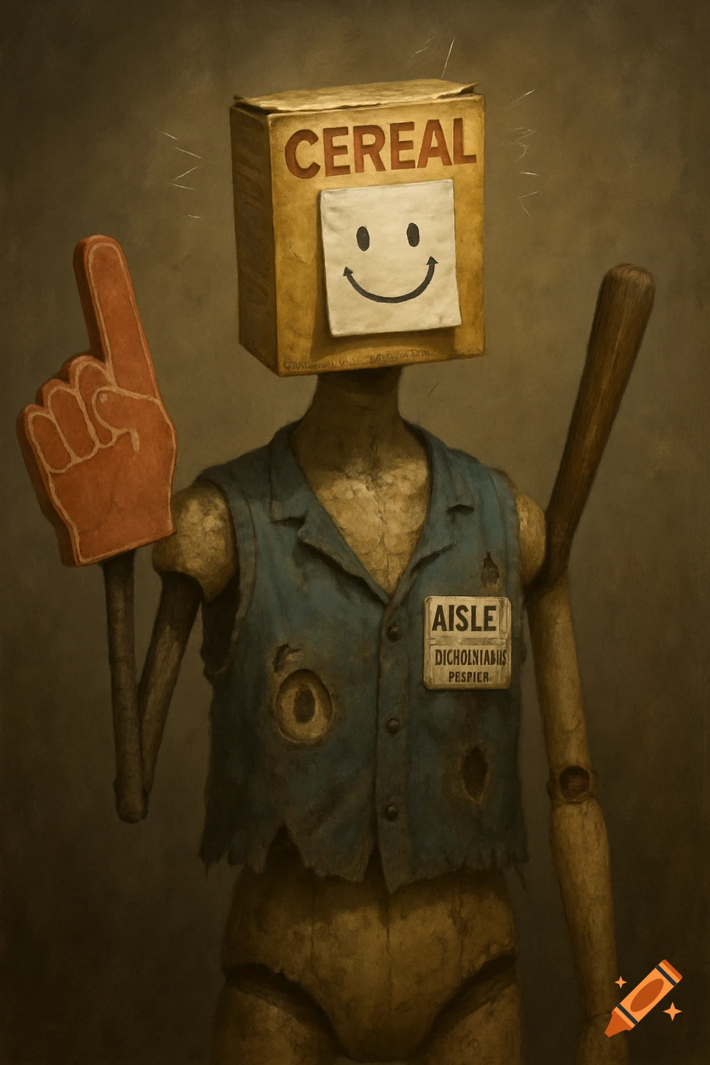 Surreal painting of a worn mannequin with a cereal box head, foam finger, and name tag.