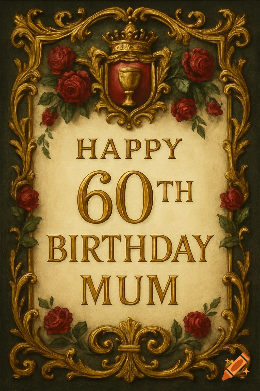Regal 60th birthday card design with gold frame, red roses, shield ...