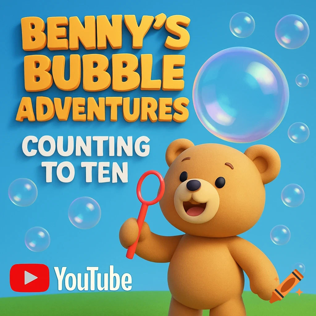 A 3D cartoon bear holds a bubble wand amidst many bubbles. Orange text reads "BENNY'S BUBBLE ADVENTURES" and white text reads "COUNTING TO TEN" against a blue background. A YouTube logo is in the corner.