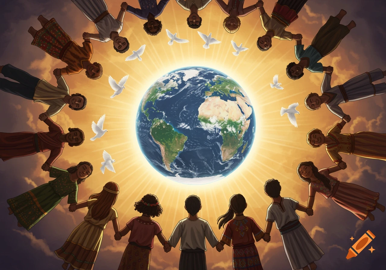 Diverse people holding hands around Earth with doves and a sunrise