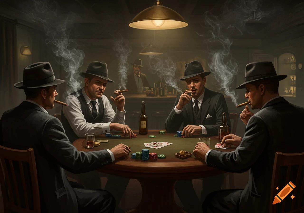 Four men in 1940s attire play poker and smoke cigars in a dark room.