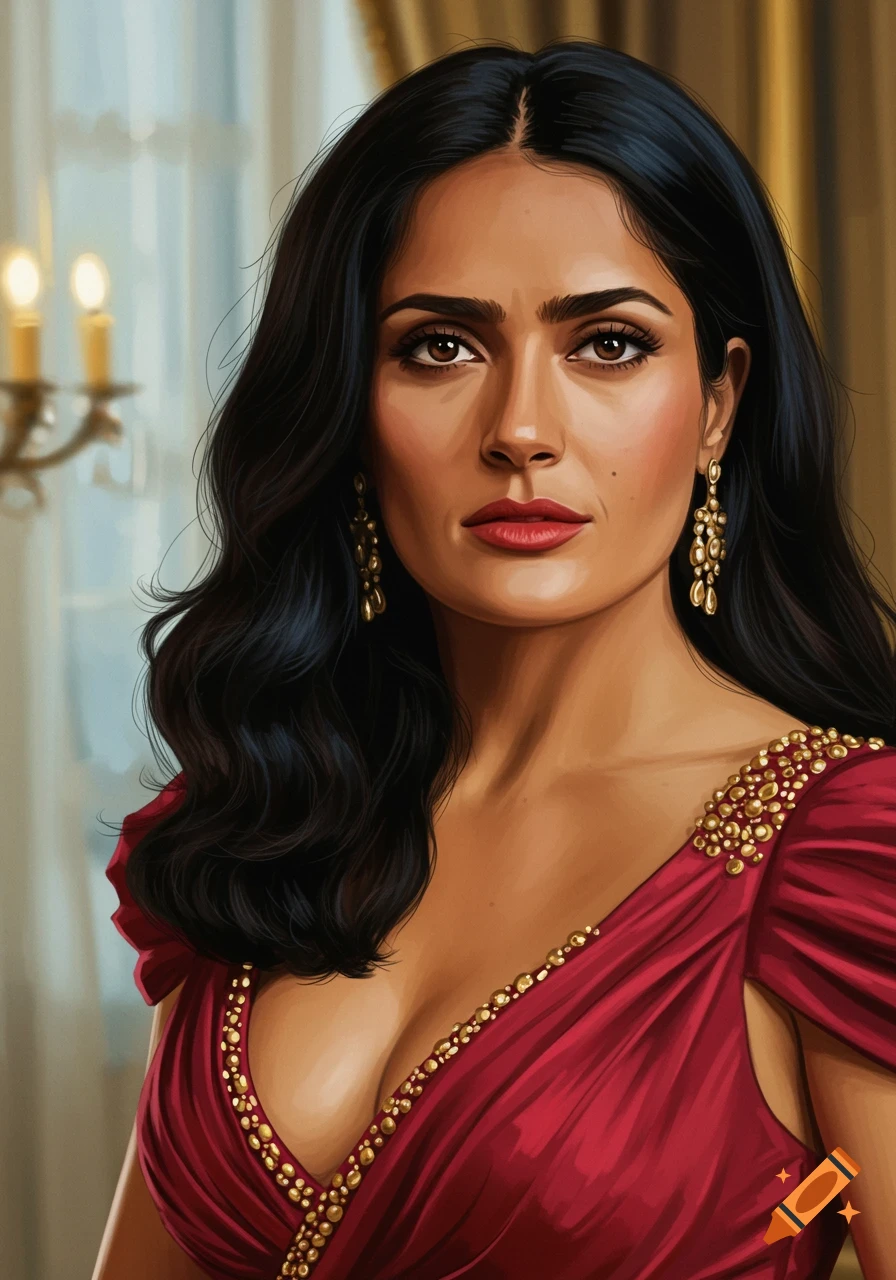 Portrait of a woman with dark hair wearing a red dress with gold embellishments.