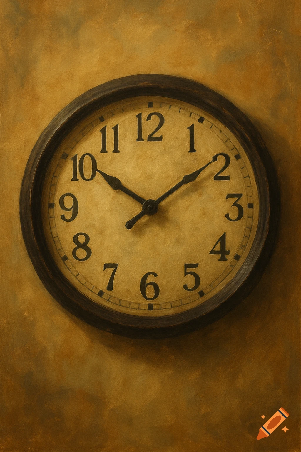 A close-up painting of an antique clock on a yellow wall.