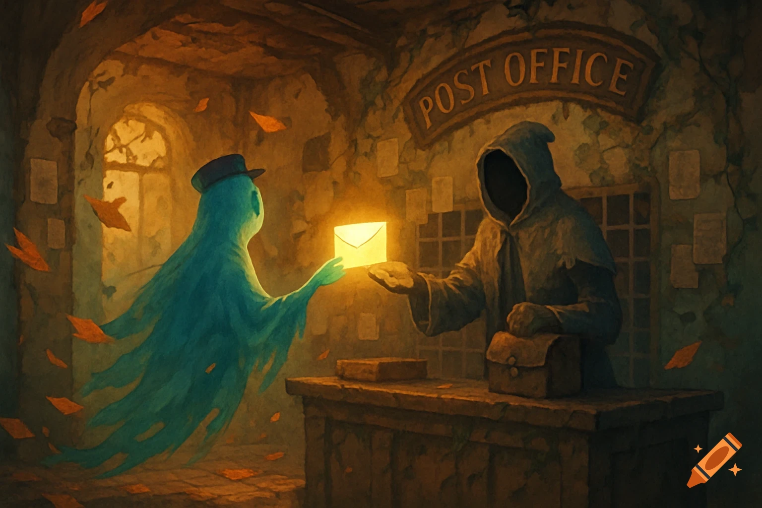 A blue ghost in a hat receives a glowing letter from a hooded figure in a crumbling, surreal post office. Autumn leaves float around.