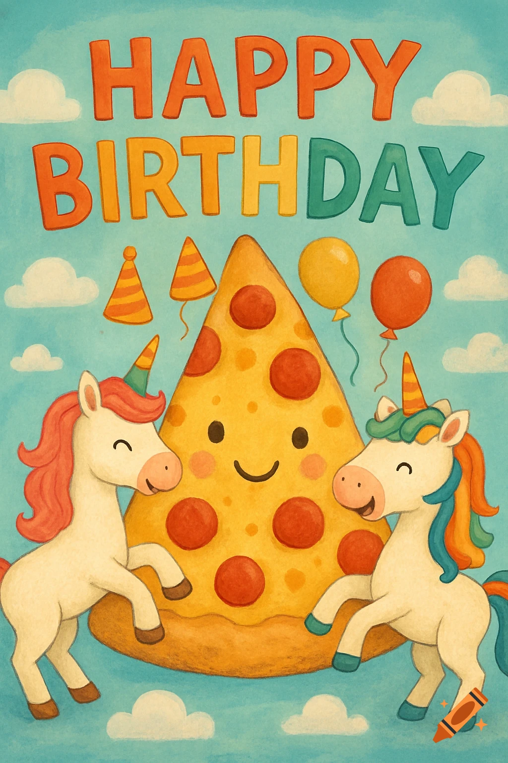 Happy Birthday illustration with pizza, unicorns, and balloons in a children's book style.