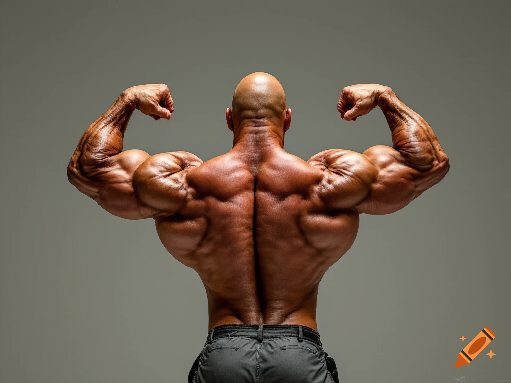 Rear view of a highly muscular man flexing his back and arm muscles.
