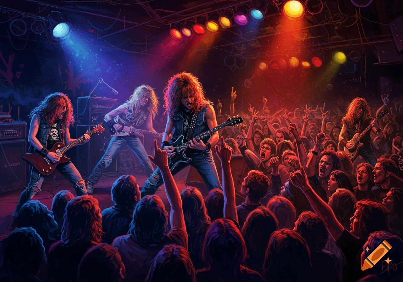 Illustration of a thrash metal band playing guitars on stage to a cheering crowd at a concert.