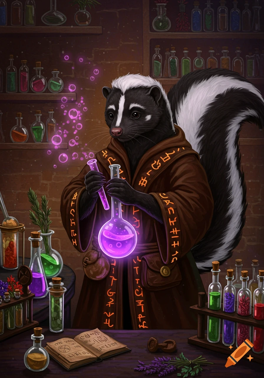 A skunk wearing alchemist robes holds a glowing purple potion bottle in a laboratory.