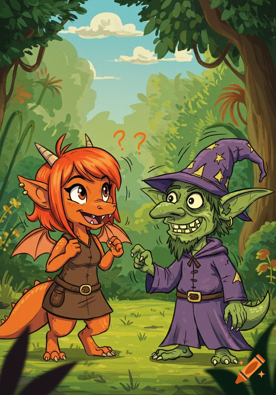 Cartoon fantasy characters, a dragon creature and a goblin wizard, standing in a forest clearing with question marks above the dragon's head.