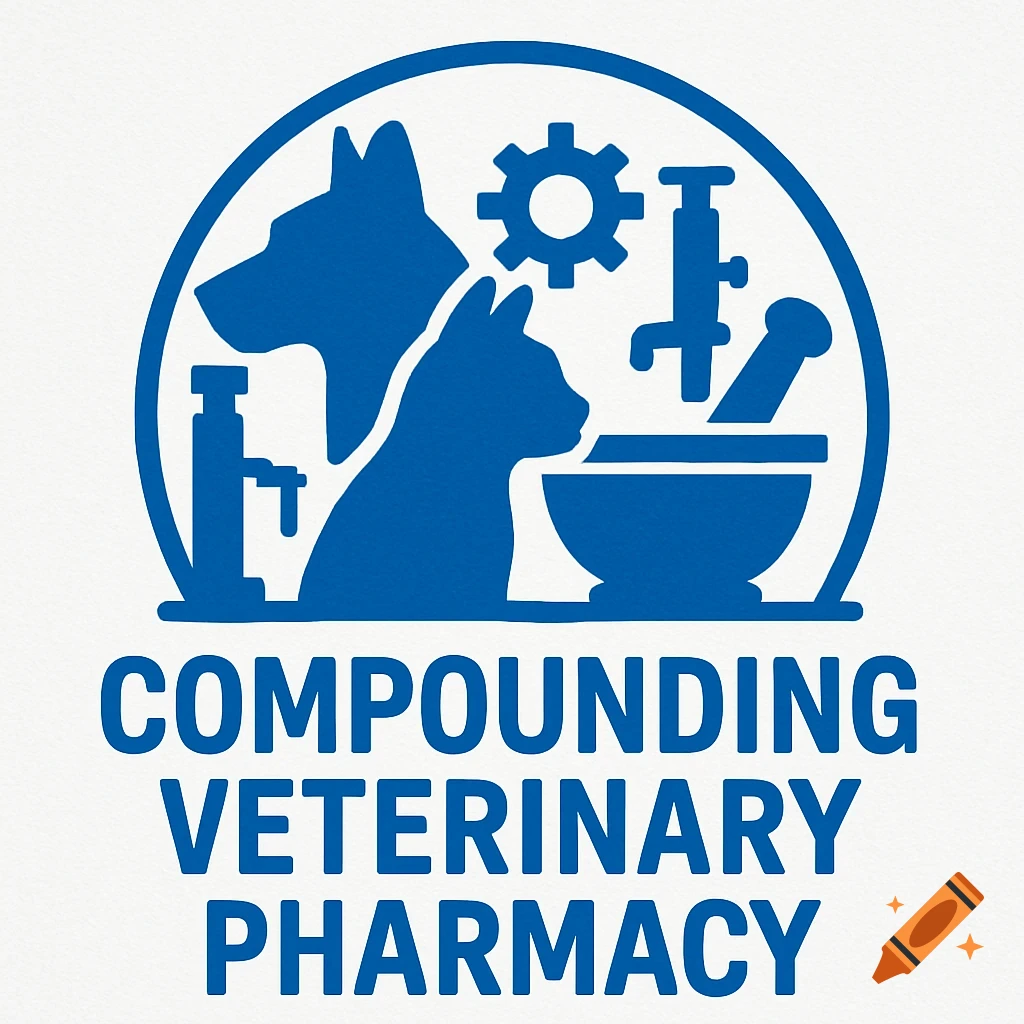 Blue and white logo for a compounding veterinary pharmacy with dog and cat silhouettes, pharmacy symbols, and text.