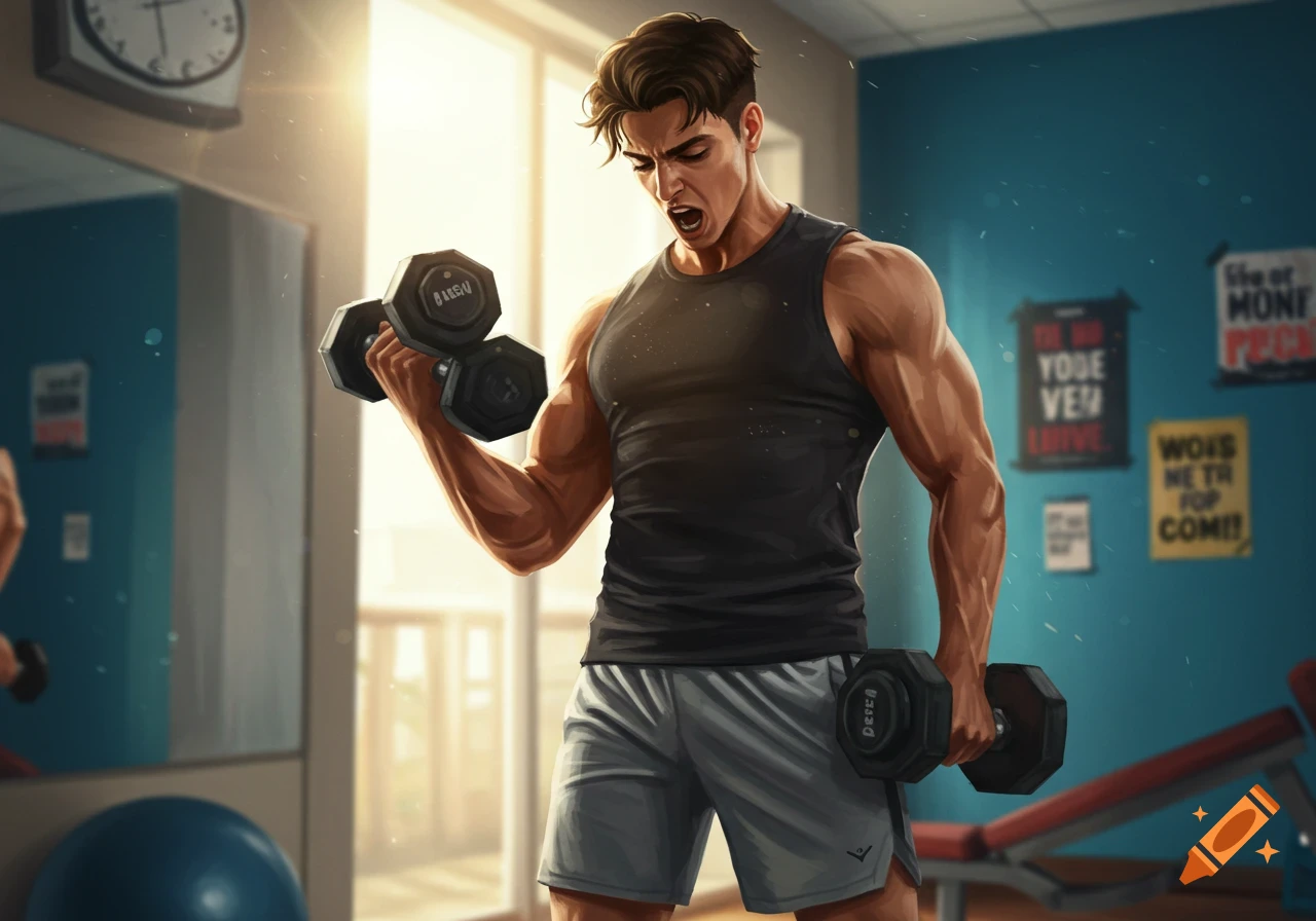 A man lifts dumbbells in a gym illustration.