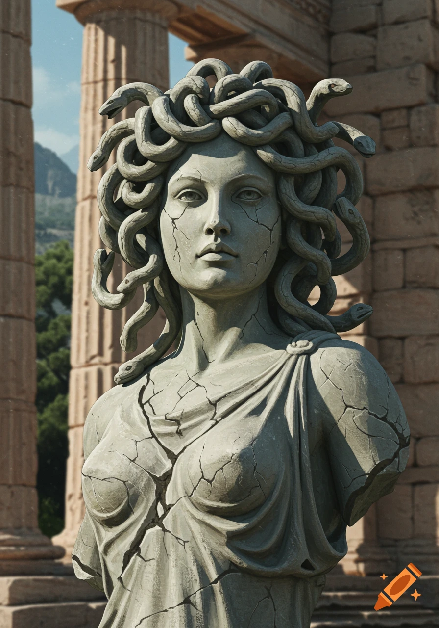 Cracked stone statue of Medusa against ancient Greek ruins.