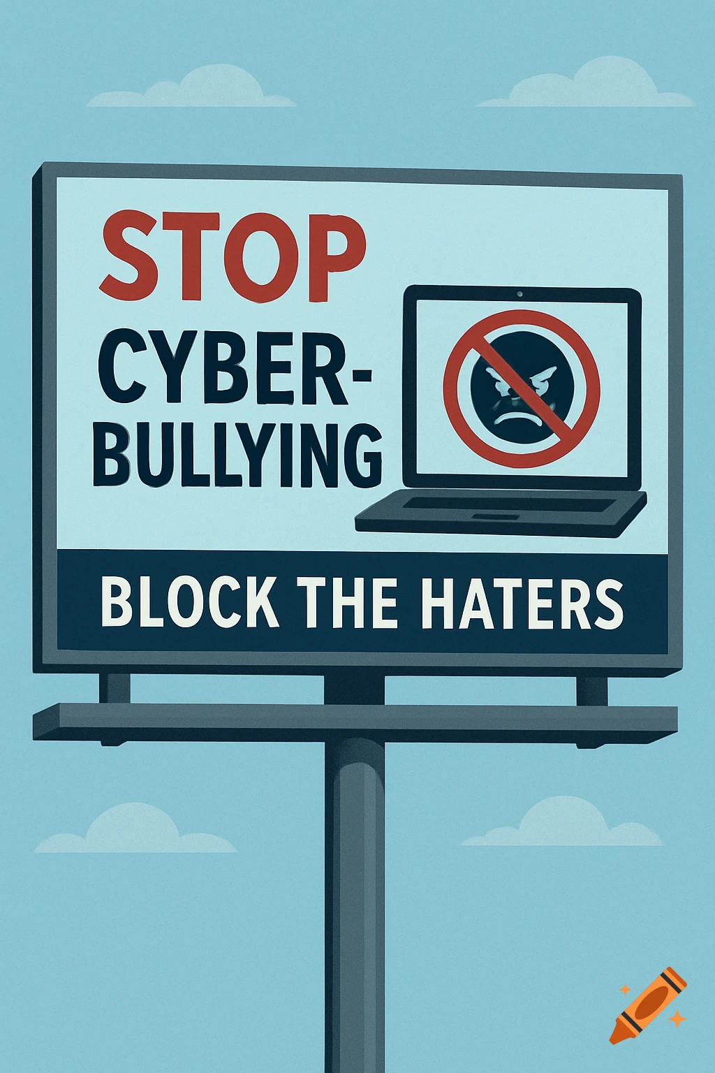 Illustration of a billboard saying STOP CYBER- BULLYING BLOCK THE HATERS with a laptop showing a no symbol.