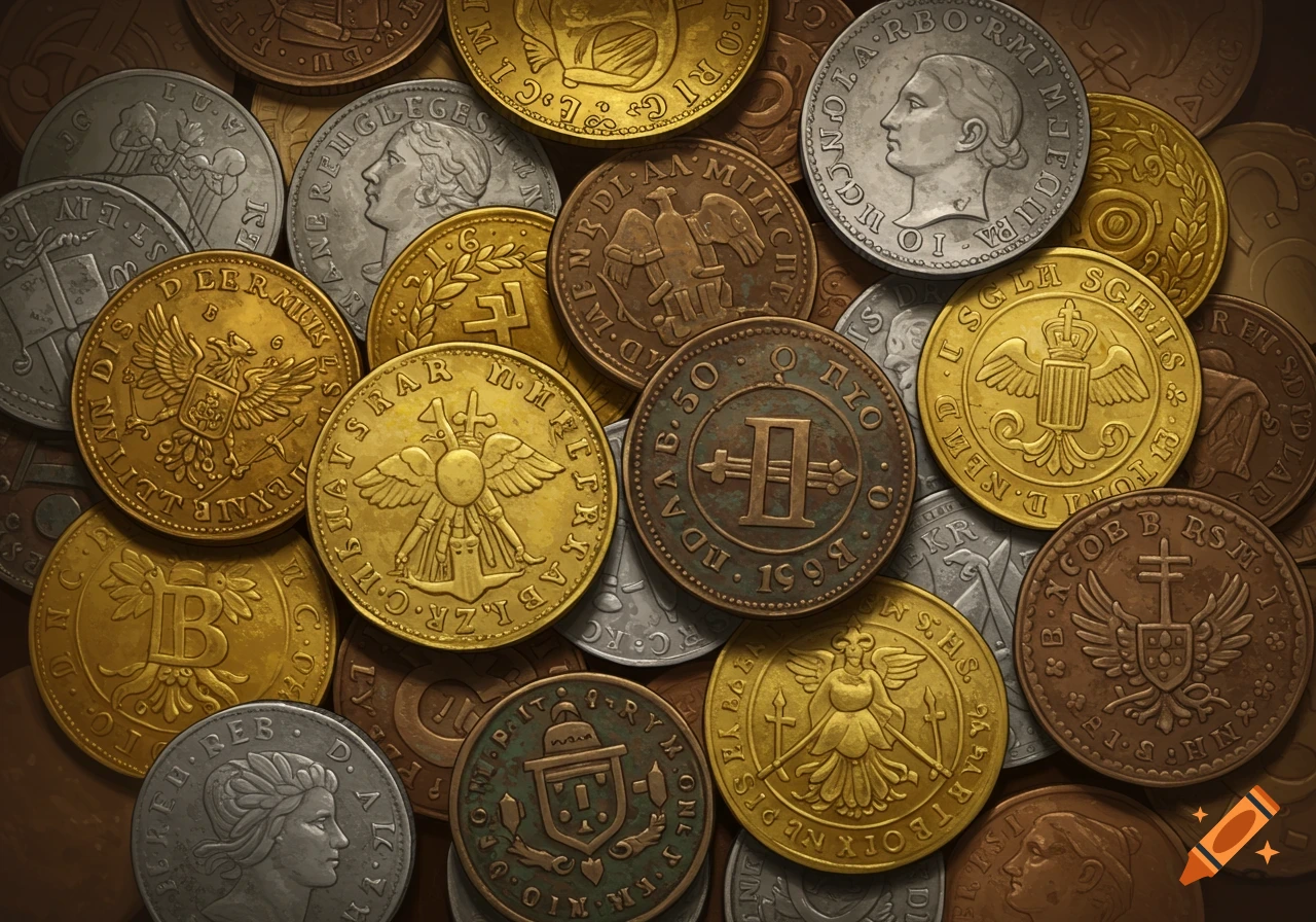 Close-up view of a pile of assorted gold, silver, and bronze coins with various designs.