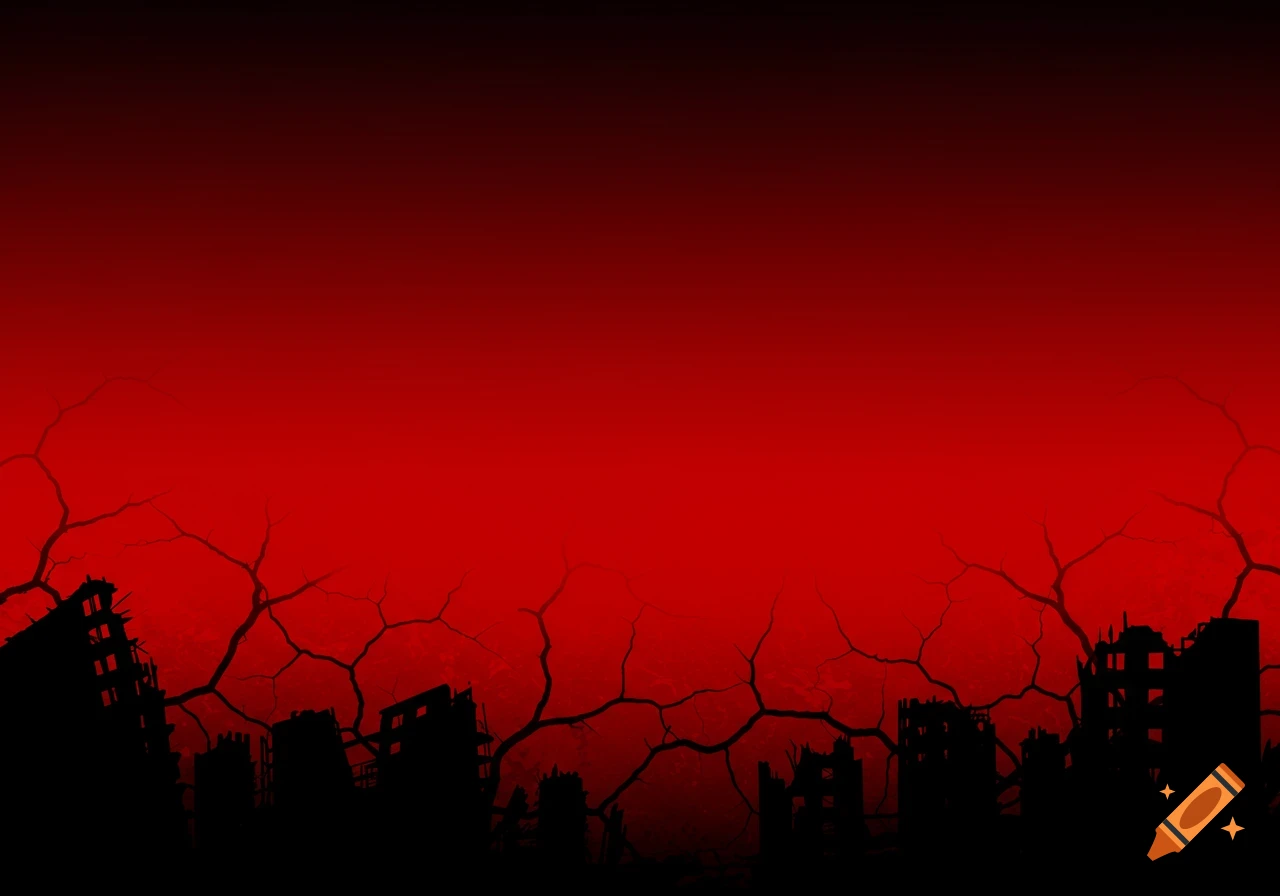 Silhouette of ruined buildings under a cracked red and black gradient sky.
