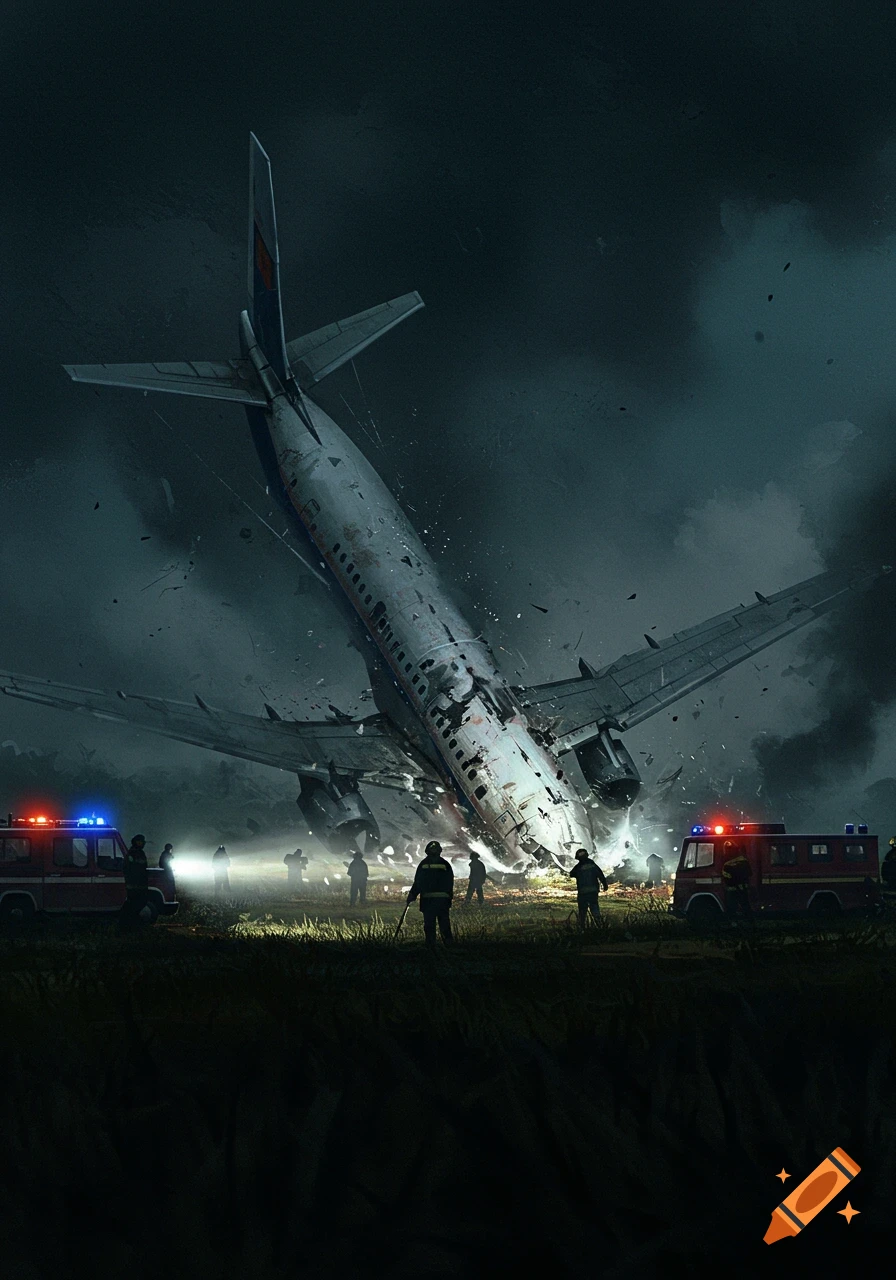 A dramatic illustration shows a crashed airplane at night, surrounded by fire trucks and emergency responders.