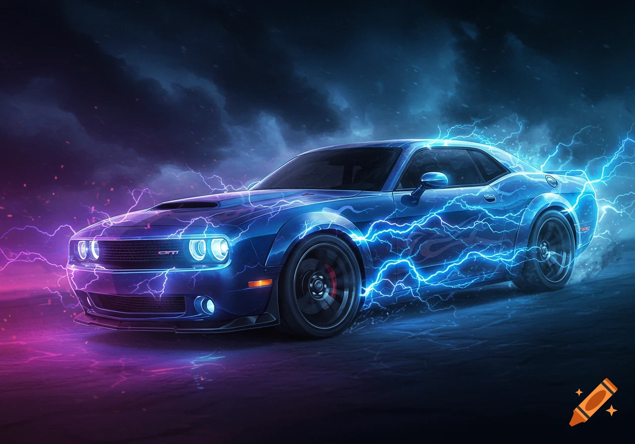 Blue sports car covered in blue lightning bolts on a dark, stormy background.