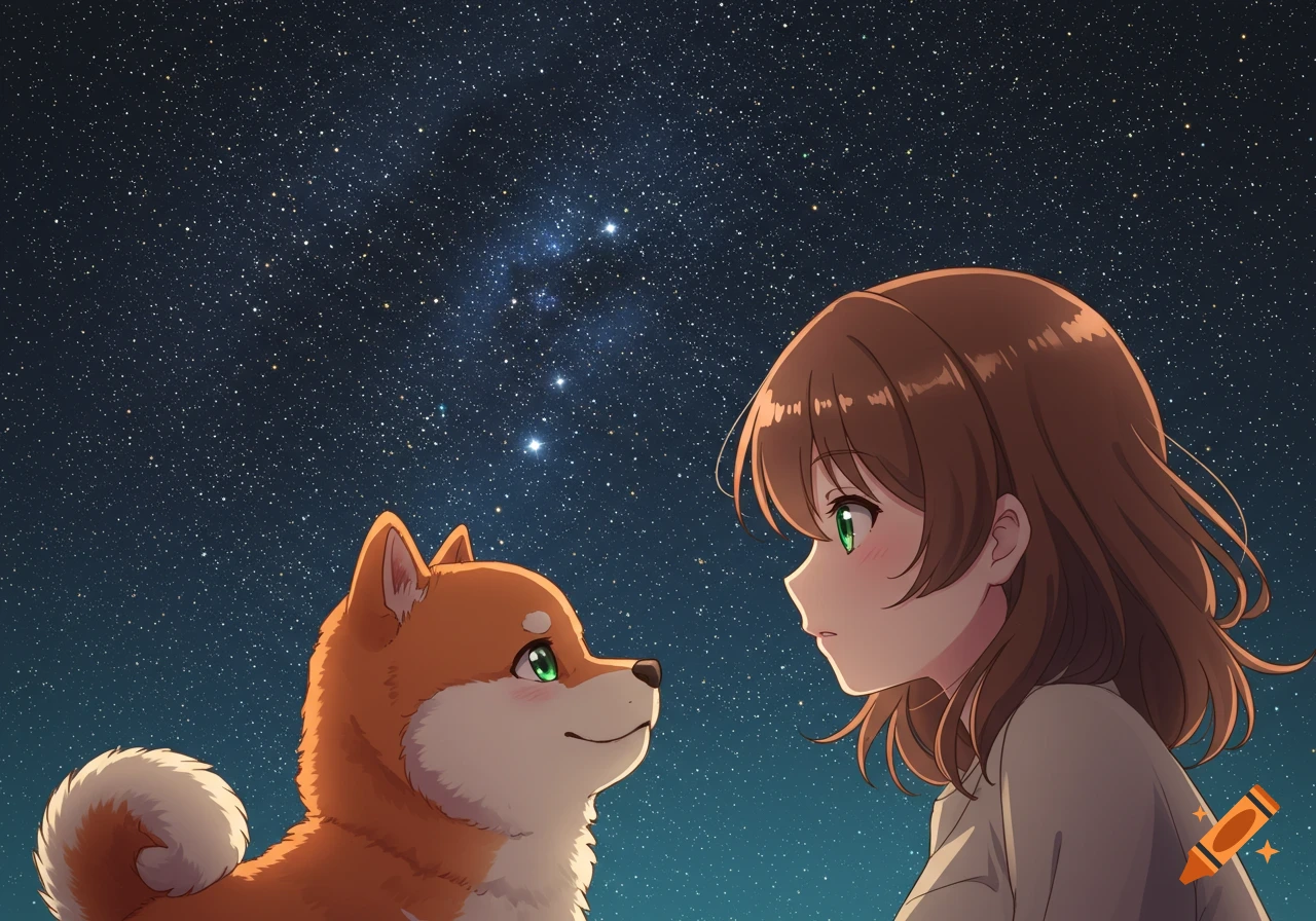 An anime girl and a Shiba Inu dog look at each other under a starry sky.