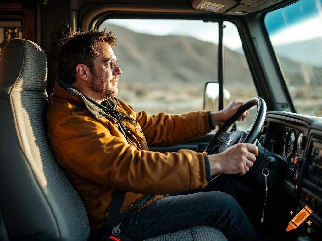 Man in an orange jacket driving a truck.