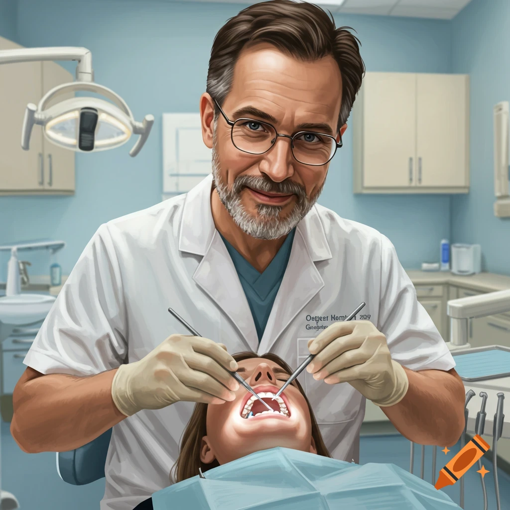 A dentist wearing glasses and gloves works on a patient's teeth in a brightly lit dental clinic.