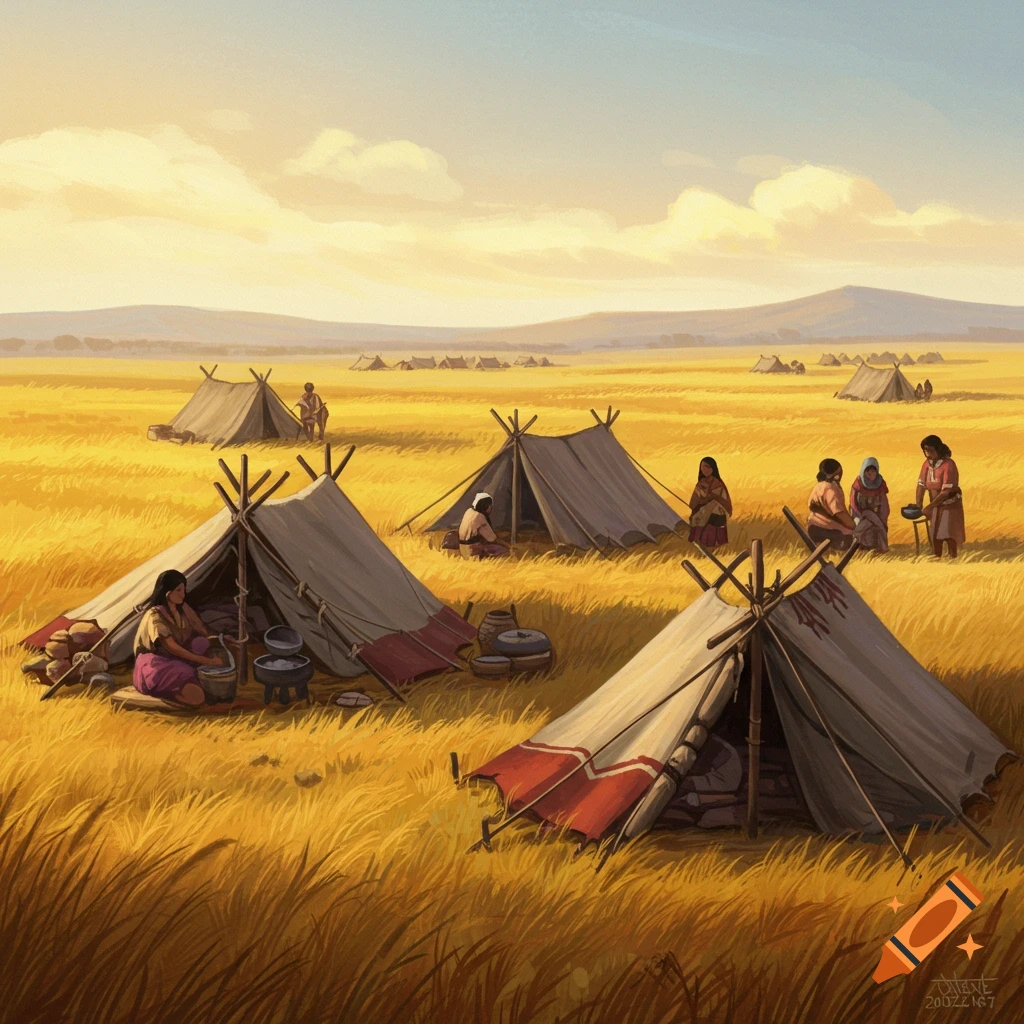 Nomadic community camping in a field of tall grass with tents and people gathered. Illustration style.