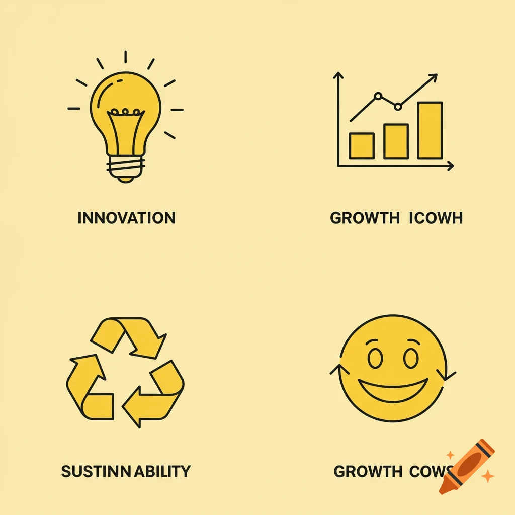 Four simple line-art icons: a lightbulb, a growth graph, a recycling symbol, and a cycle emoji.