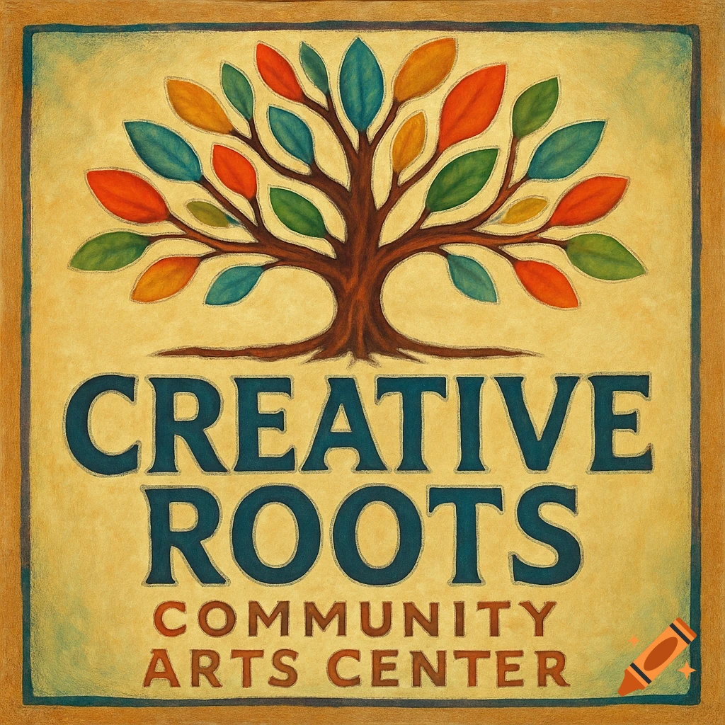 Logo with a tree and colorful leaves above the text "Creative Roots Community Arts Center".