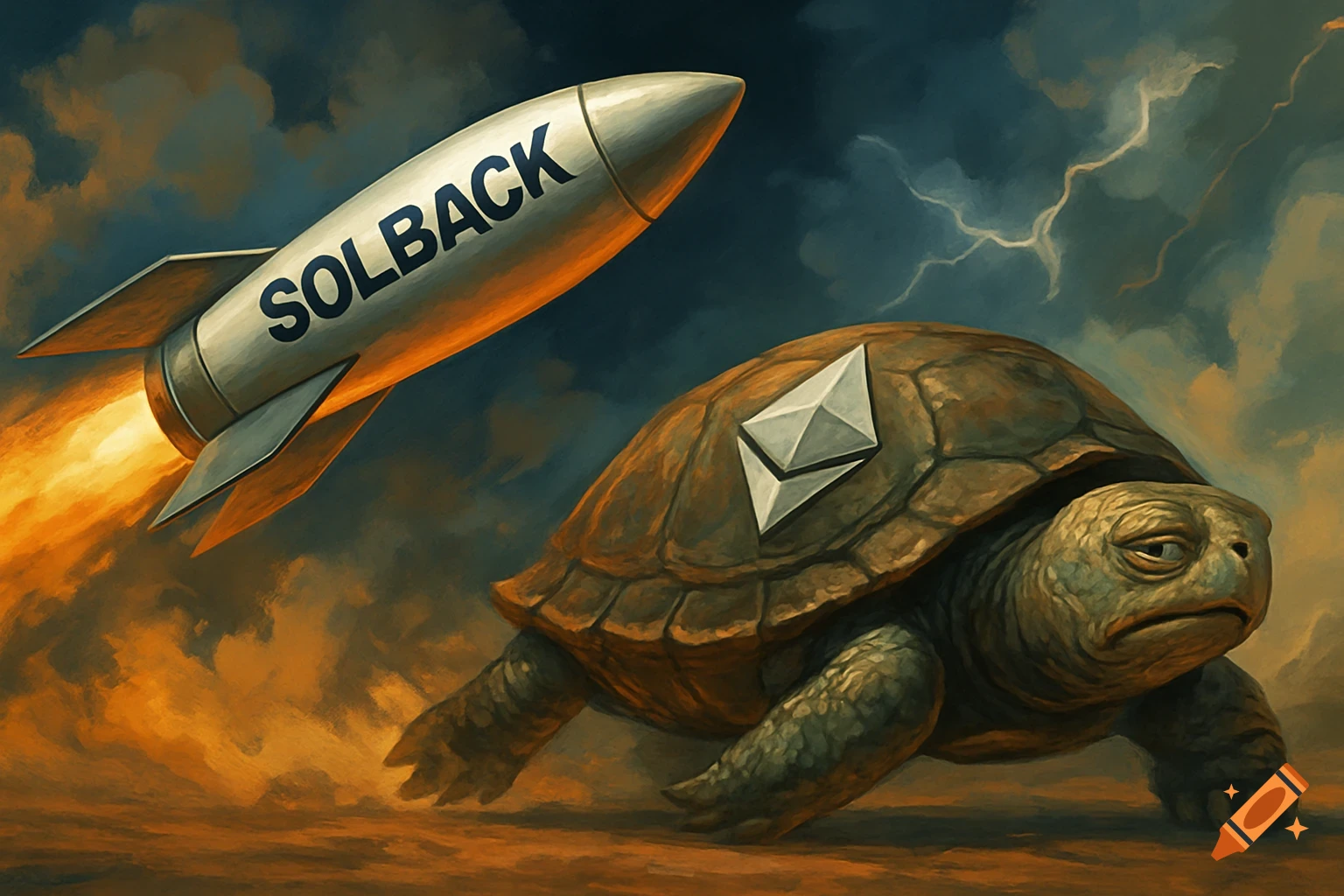 A sleek rocket labeled SOLBACK flies past a turtle with an Ethereum logo on its shell, in a painterly style.