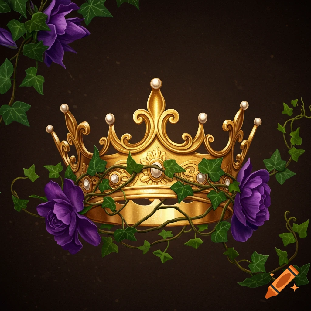 A golden crown adorned with purple flowers and green ivy vines.
