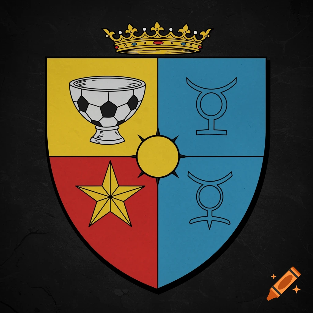 Coat of arms with crown, divided shield featuring a soccer trophy, star, and Gemini symbols.