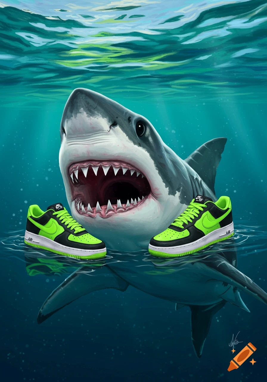 An illustration of a great white shark with its mouth open, swimming underwater with two bright green and black sneakers floating nearby.