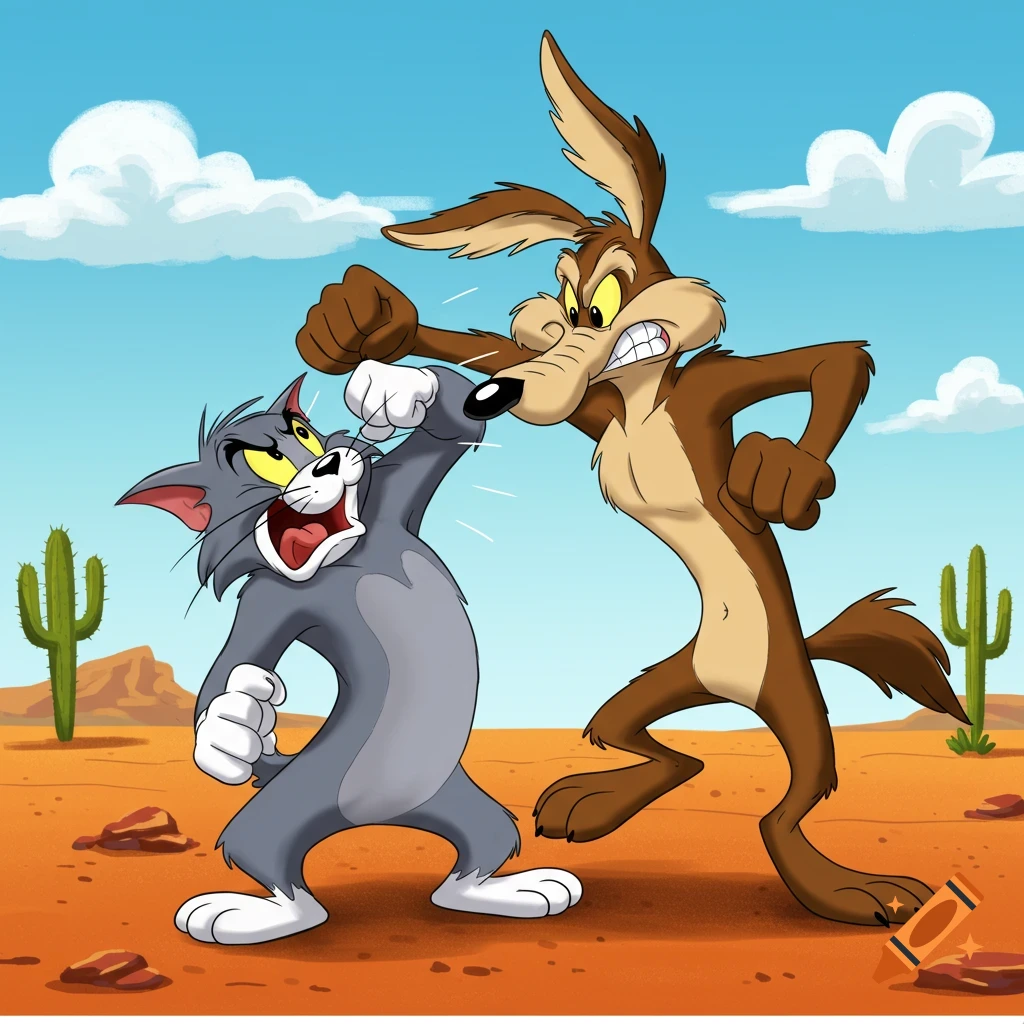 Wile E. Coyote punches Tom Cat in a cartoon desert setting.