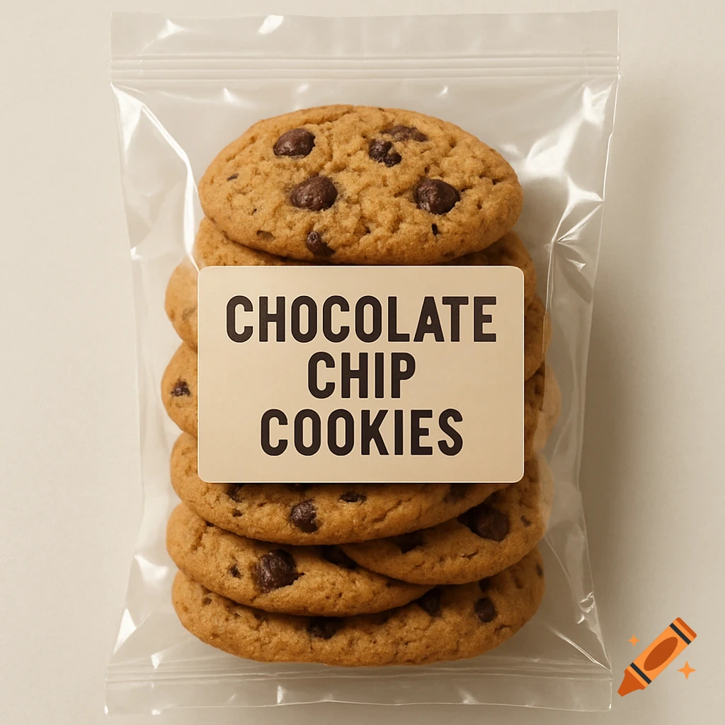 A stack of chocolate chip cookies in a clear plastic package with a label.