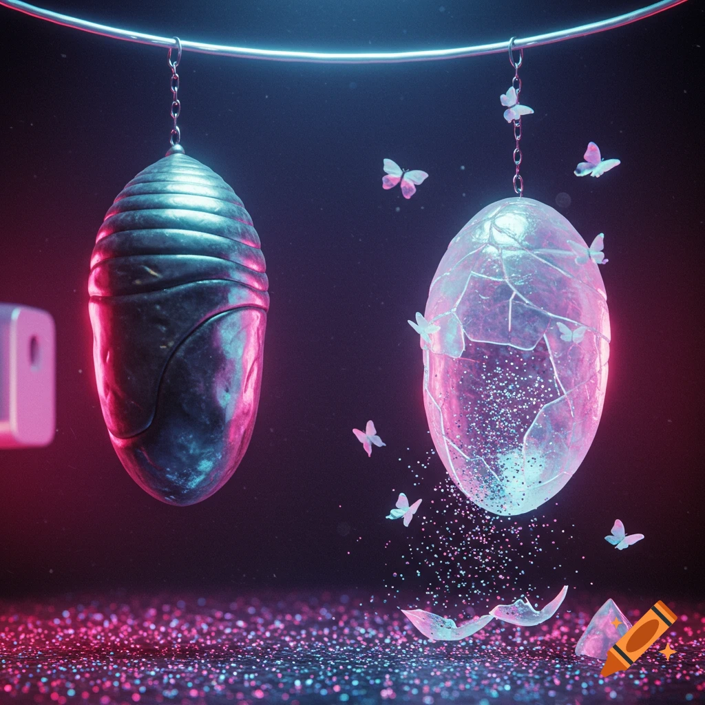 Two hanging pods, one metallic chrysalis and one cracked glass cocoon with butterflies and glitter, under neon lights.