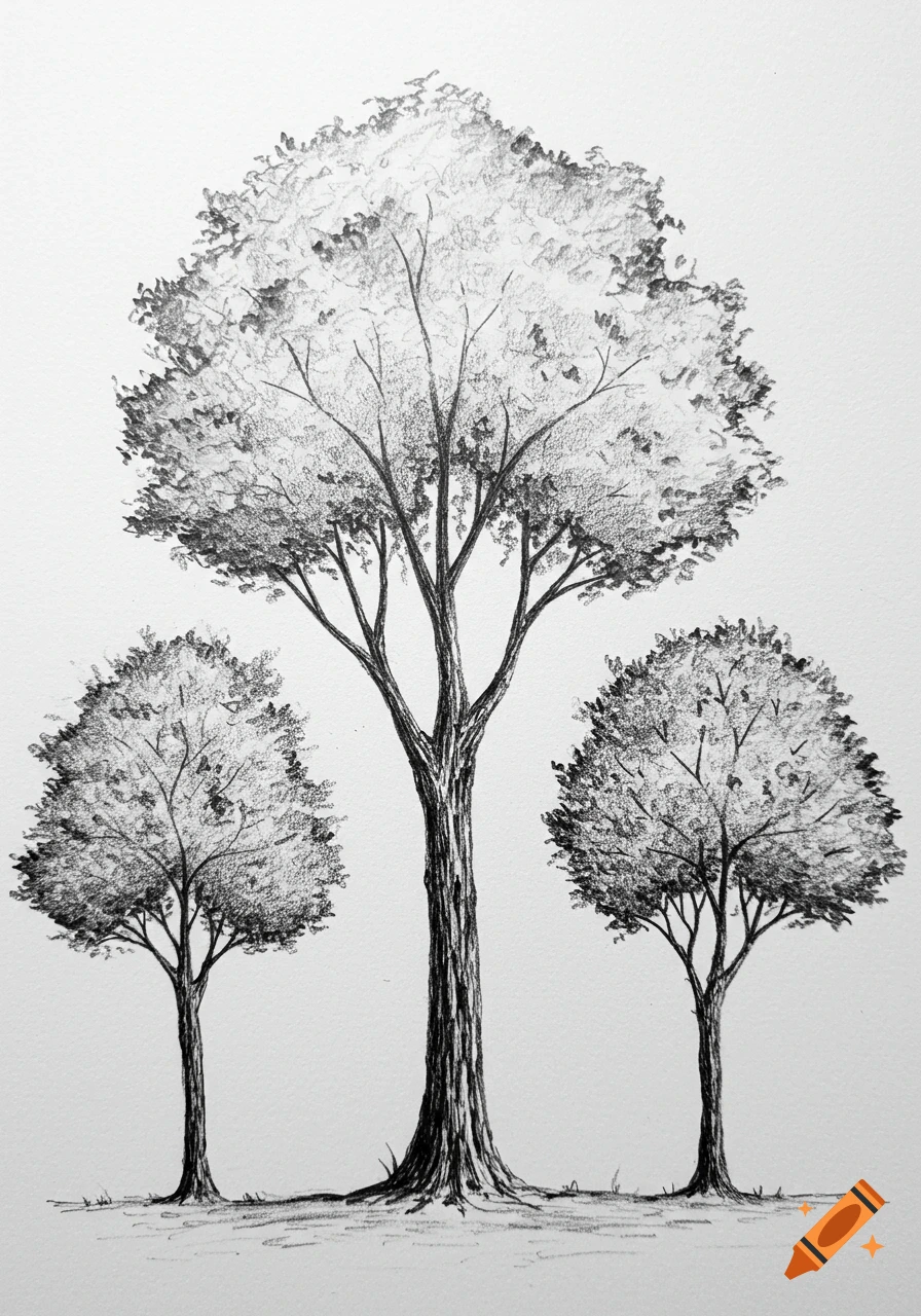 Pencil drawing of three trees on a white background.