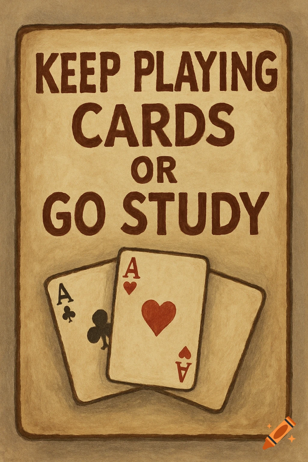 A sign with the text "KEEP PLAYING CARDS OR GO STUDY" above two ace playing cards.